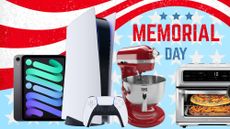 An iPad mini, PS5, and kitchen appliances pictured next to Memorial Day text