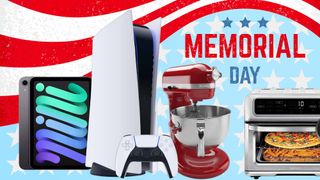 An iPad mini, PS5, and kitchen appliances pictured next to Memorial Day text