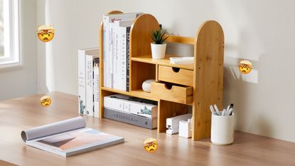 FURNINXS Bamboo Desktop Bookshelf Organizer on desk with head blown emoji dotted around
