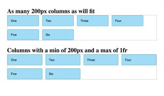 This image demonstrates the difference between auto-fill with fixed-size columns and auto-fill using minmax() to create flexibly sized columns