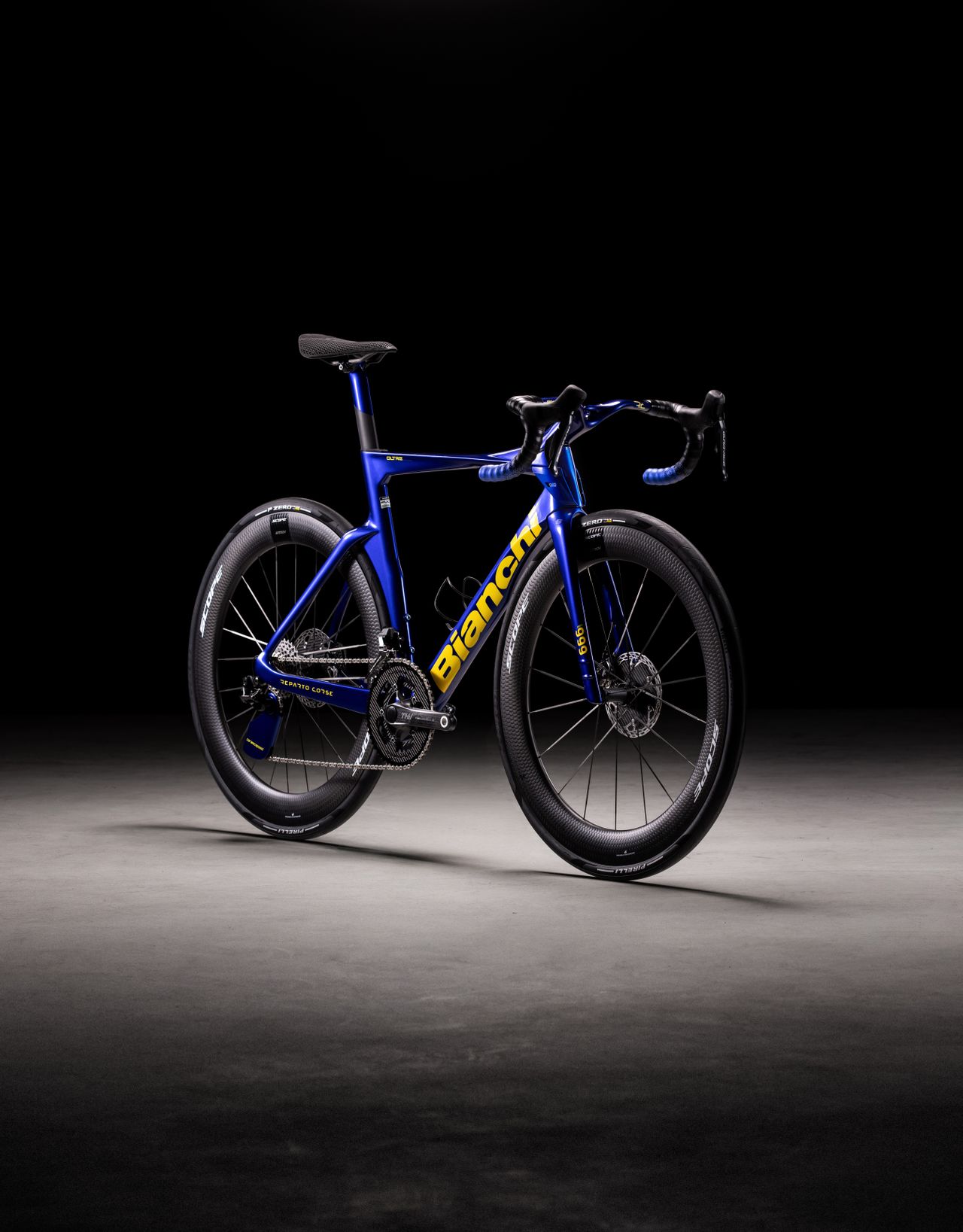 studio beauty shots of Bianchi road racing bike shown against black