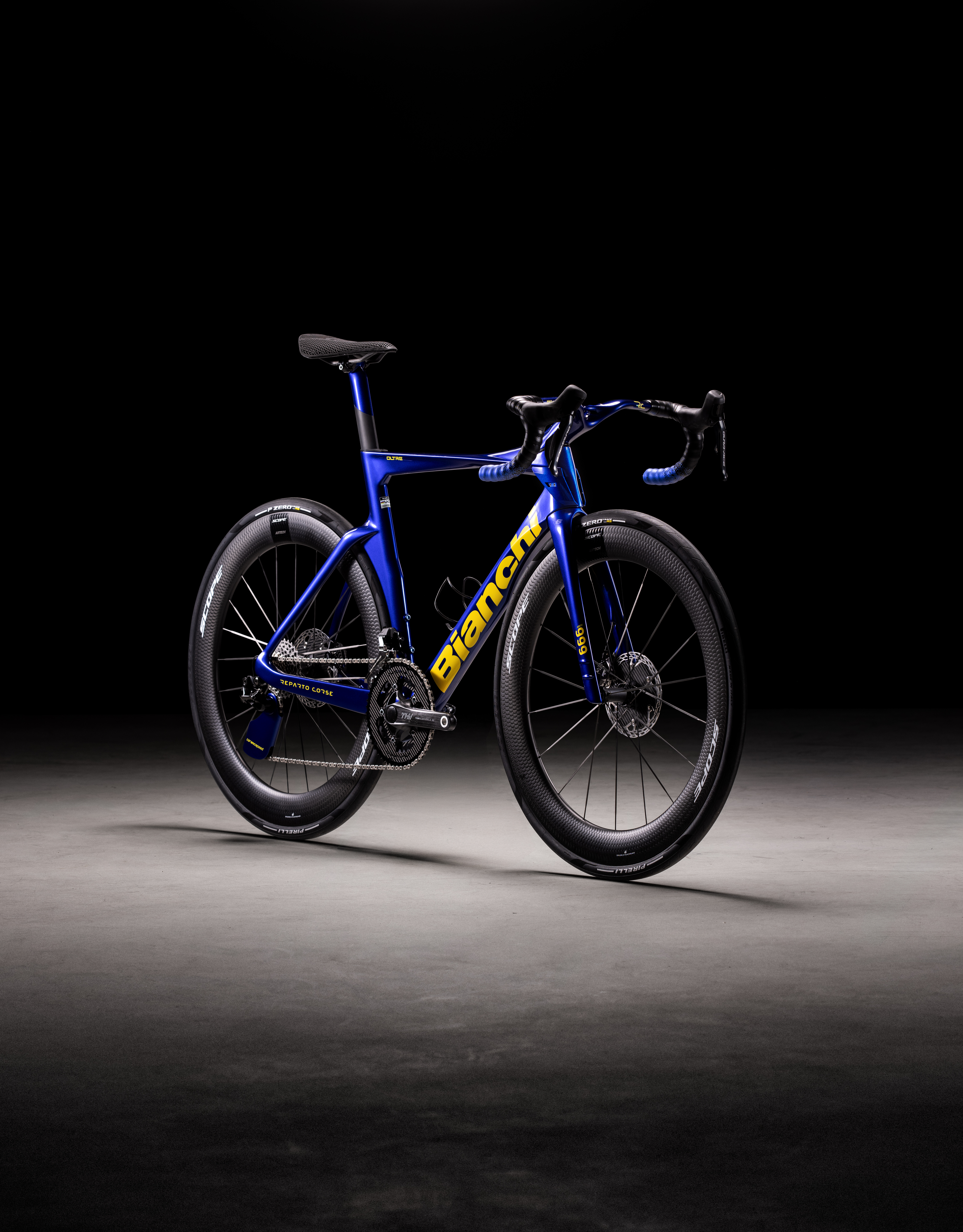 studio beauty shots of Bianchi road racing bike shown against black