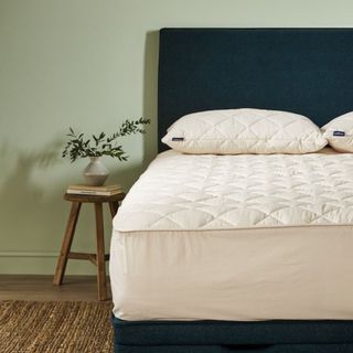 Woolroom Organic Washable Mattress Protector on a blue bed base against a green wall. 