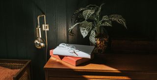 bedside table with book glasses and houseplant with a sliver of sunlight streaming through a window and a wall light to show how to bring positive energy into your home