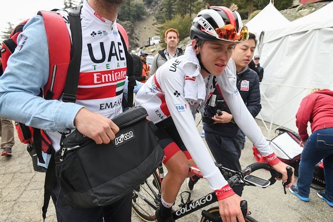 Tadej Pogacar (UAE Team Emirates) heads for the podium having won stage 6 and taken the leader's jersey at the 2019 Tour of California