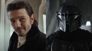 Cassian Andor smirking and Din Djarin suited up in his Mandalorian armor