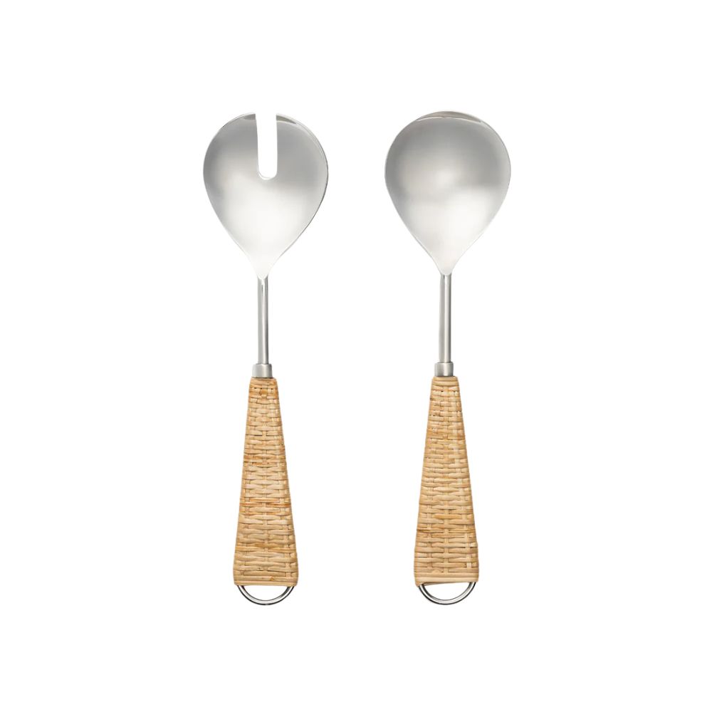 Silver salad servers with rattan handles