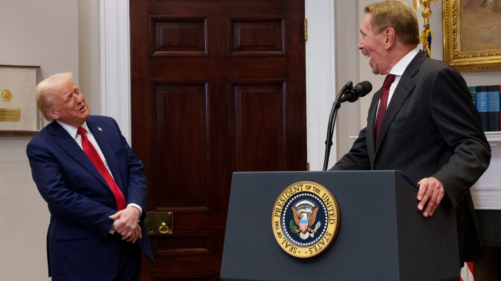 President Trump Delivers Remarks, Announces Infrastructure Plan At White HouseWASHINGTON, DC - JANUARY 21: Oracle co-founder, CTO and Executive Chairman Larry Ellison and U.S. President Donald Trump share a laugh as Ellison uses a stool to stand on as he speaks during a news conference in the Roosevelt Room of the White House on January 21, 2025 in Washington, DC. Trump announced an investment in artificial intelligence (AI) infrastructure and took questions on a range of topics including his presidential pardons of Jan. 6 defendants, the war in Ukraine, cryptocurrencies and other topics. (Photo by Andrew Harnik/Getty Images)