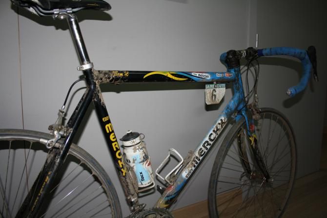 Johan Museeuw's 2002 Paris-Roubaix winning bike is stored upstairs at the Quick Step Service Course and still has the mud and dirt from the race