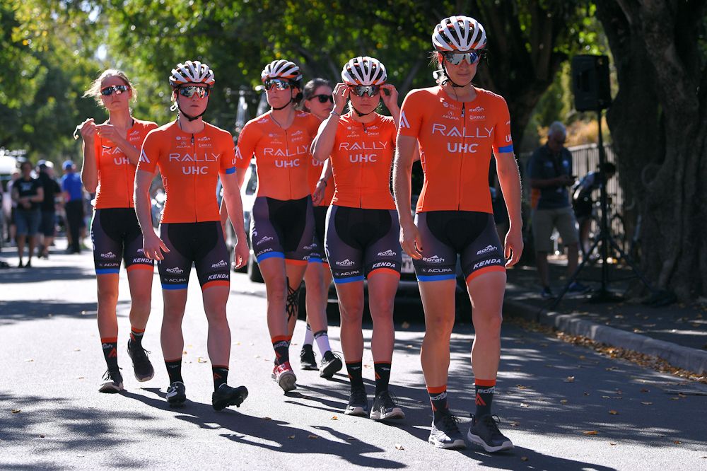 Rally UHC riders walk to sign in before stage 2 at the Tour Down Under