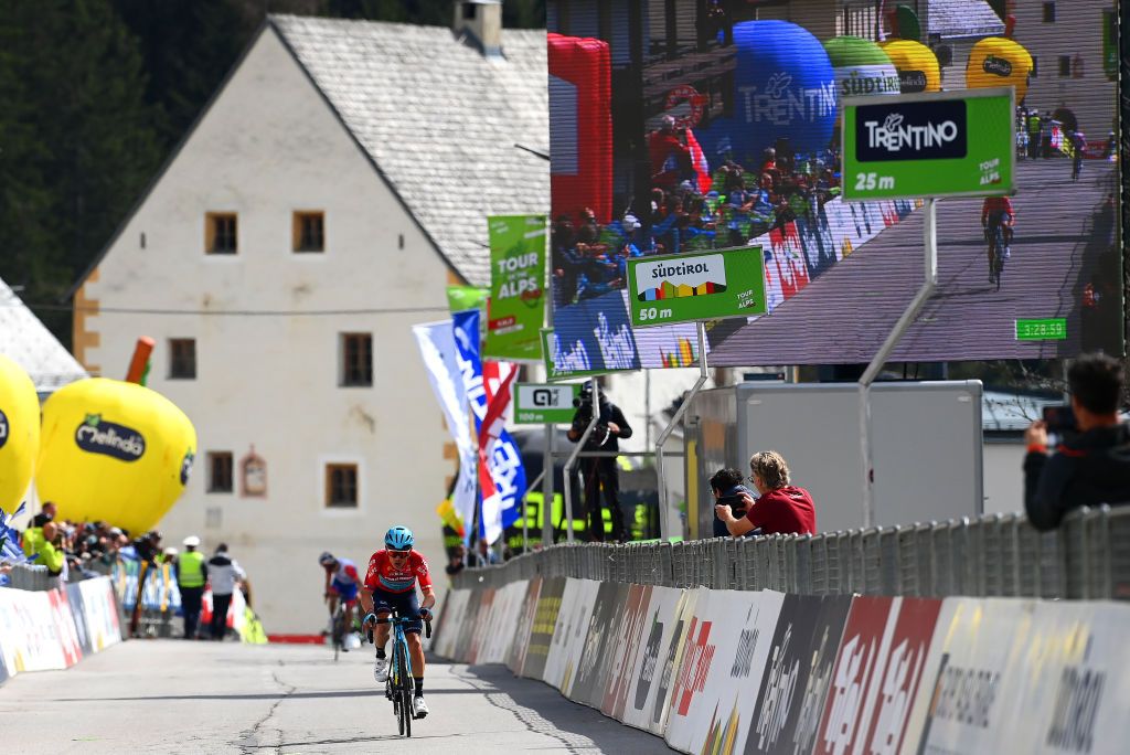LIENZ AUSTRIA APRIL 21 Miguel ngel Lpez Moreno of Colombia and Team Astana Qazaqstan red intermediate sprint jersey sprints to win ahead of Thibaut Pinot of France and Team Groupama FDJ during the 45th Tour of the Alps 2022 Stage 4 a 1424km stage from Villabassa to Kals am Grossglockner 1336m TouroftheAlps on April 21 2022 in Lienz Austria Photo by Tim de WaeleGetty Images