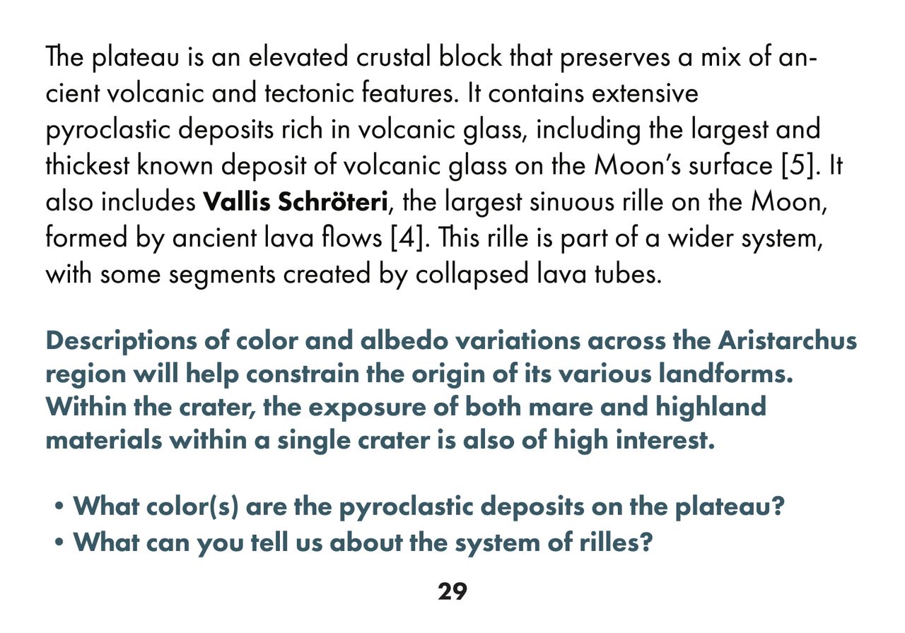 Artemis 2 Lunar Science Passport Aristarchus Plateau info page.
