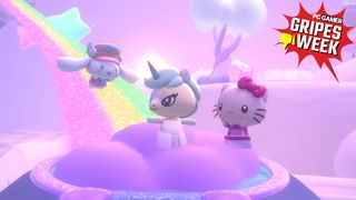 Hello Kitty Island Adventure pink background with Hello Kitty and CInnamoroll on a cloud with a rainbow with the PCG gripes week badge in the corner