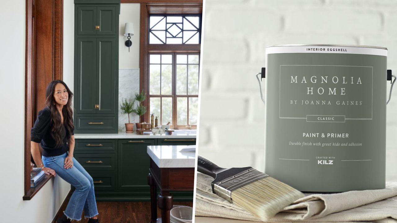 A photo of Joanna Gaines in a kitchen next to a photo of Magnolia Home paint and a paintbrush