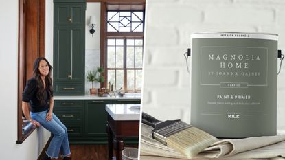 A photo of Joanna Gaines in a kitchen next to a photo of Magnolia Home paint and a paintbrush