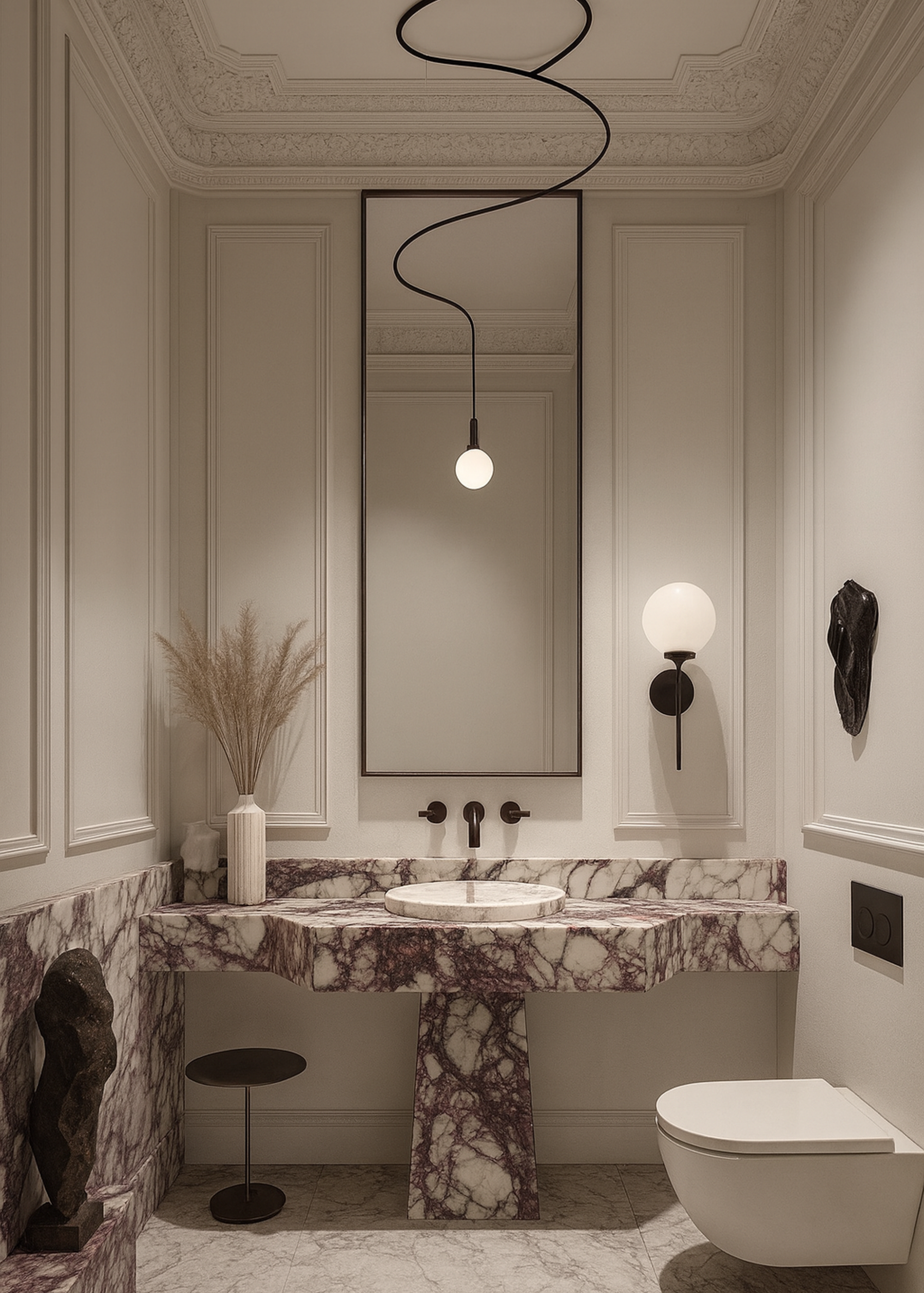 small bathroom with moulding on the walls and ceiling and a marble counter