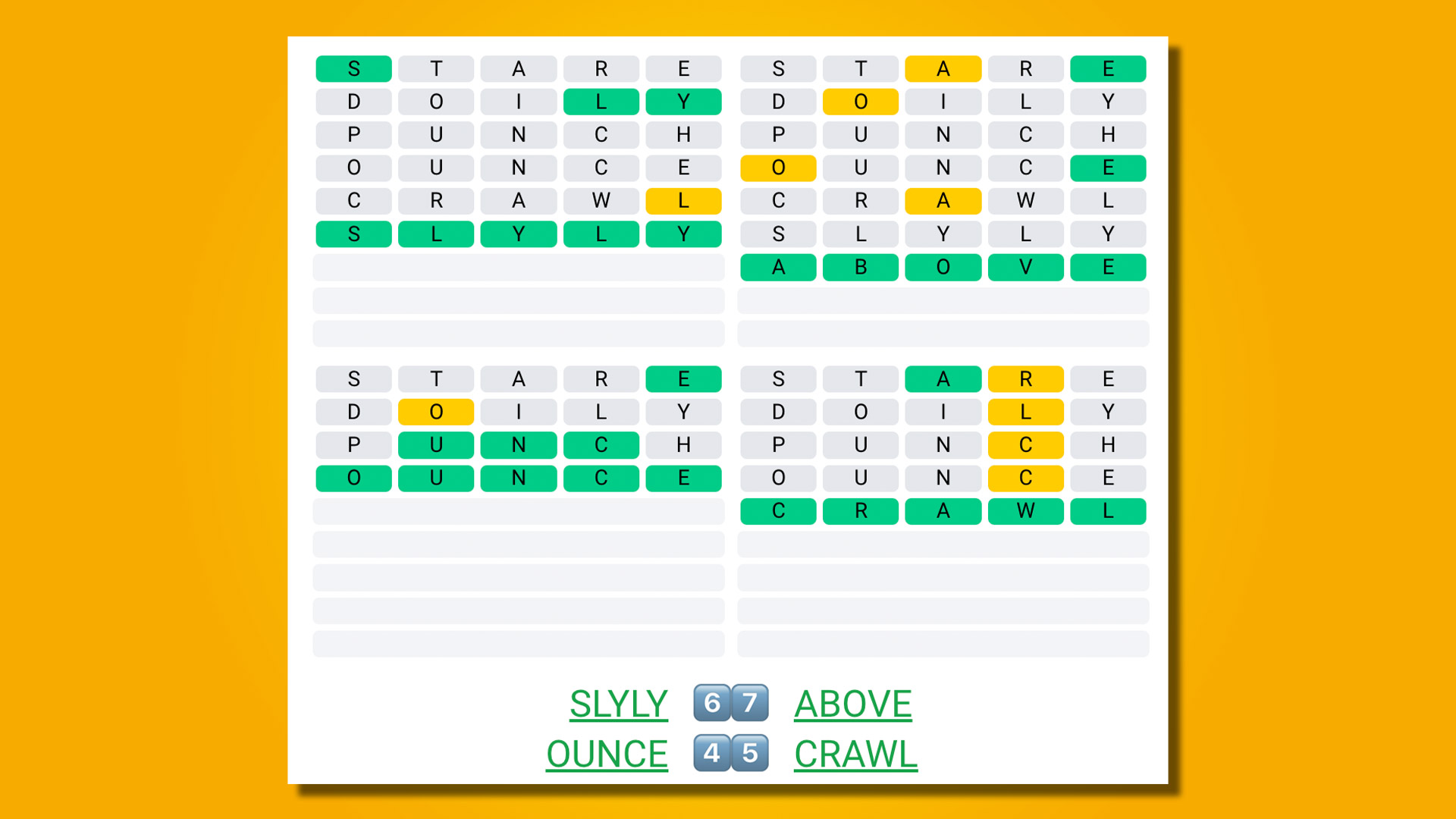 Quordle 403 answer on a yellow background