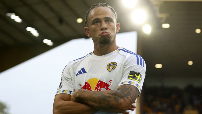 Noah Okafor of Leeds United celebrates 3rd goal during the Premier League match between Wolverhampton Wanderers and Leeds United at Molineux on September 20, 2025 in Wolverhampton, England. 