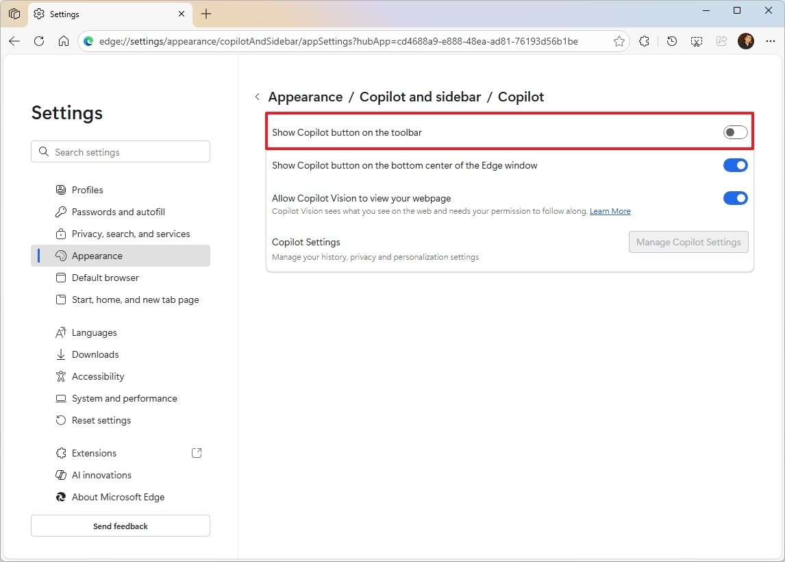 Disable Show Copilot button on the toolbar