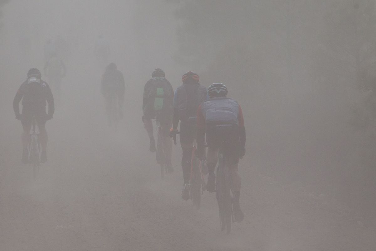 Riders navigate the dusty roads of the Sagan Fondo on May 5, 2018 in Truckee, California.