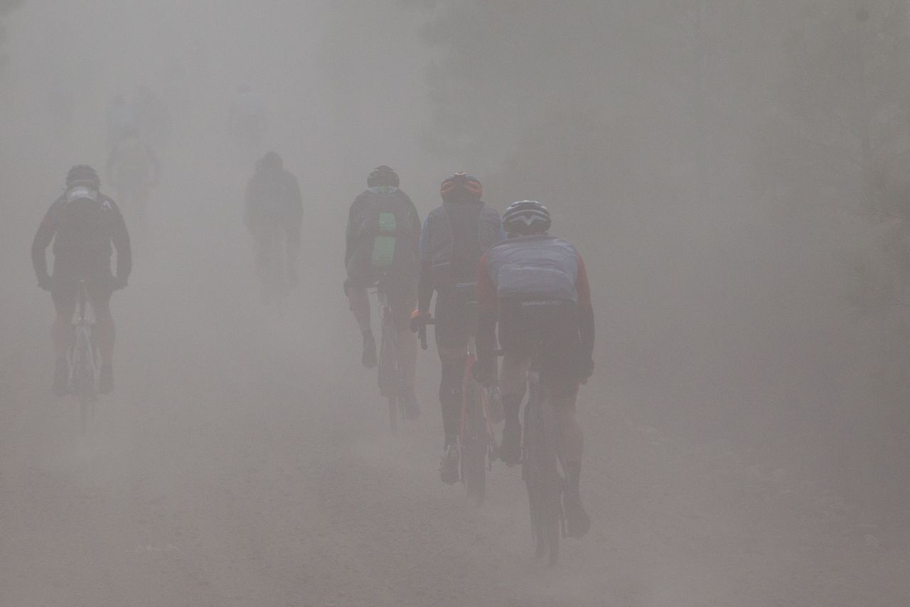Riders navigate the dusty roads of the Sagan Fondo on May 5, 2018 in Truckee, California.