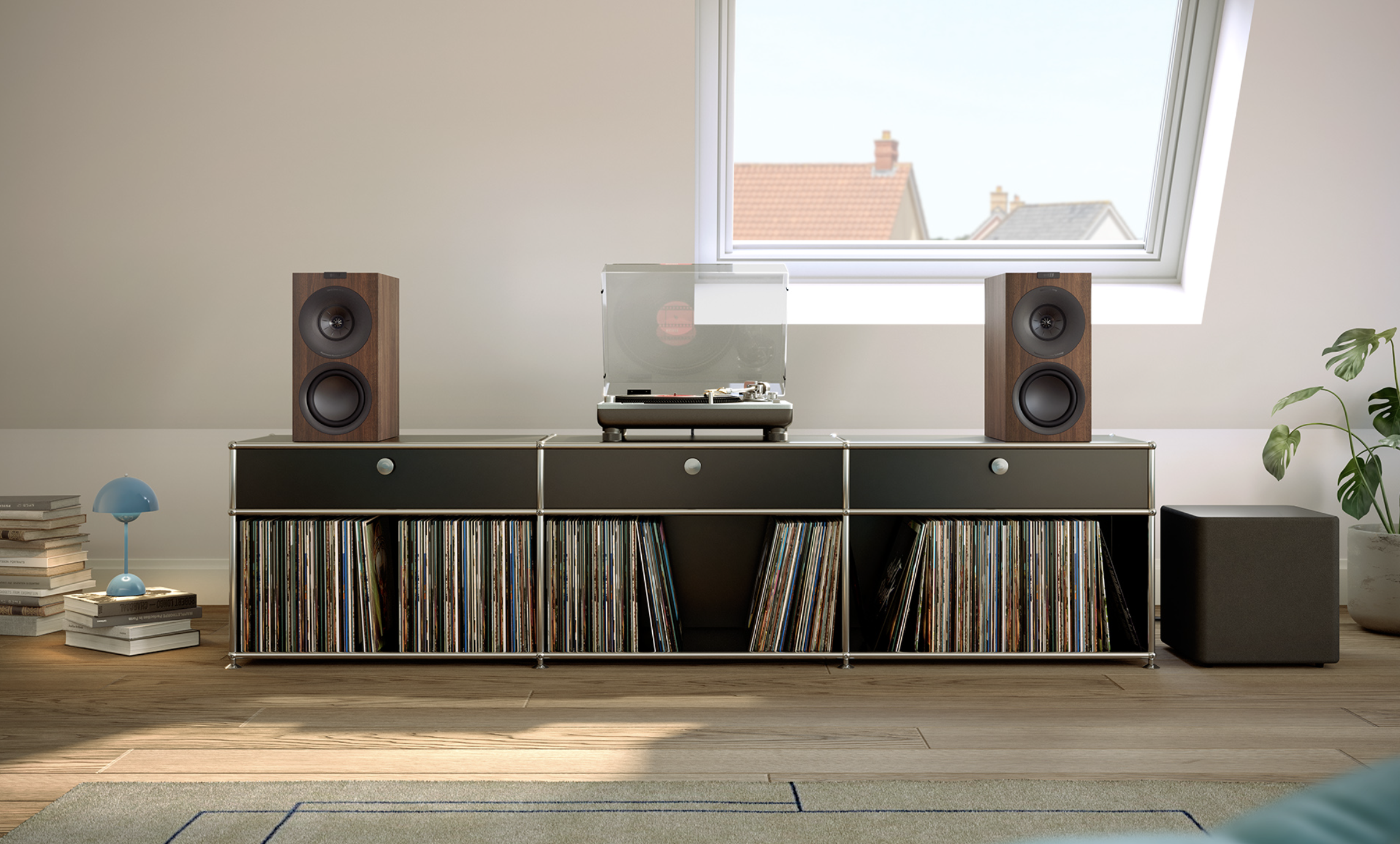 KEF Q Series in a hi-fi listening room with vinyl and a turntable