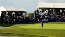 Jim Mackay tends the flag for a Phil Mickelson wedge shot