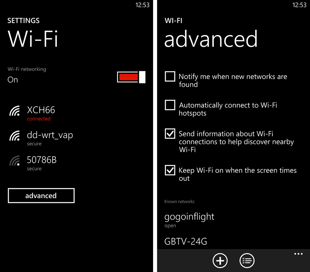 Wifi settings. Windows Phone settings.