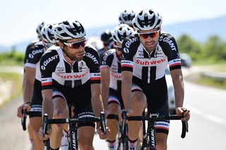 Tom Dumoulin and Laurens ten Dam lead a Sunweb training ride on the second rest day
