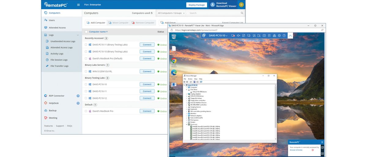 The remotePC UI for IDrive