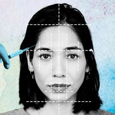 collage of woman with lines across her face next to a needle
