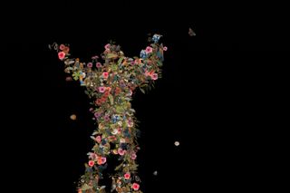A digital illustration on a black background of a human shape covered in flowers and small animals