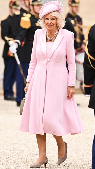 Queen Camilla arrives for a meeting at the Elysee Palace in Paris