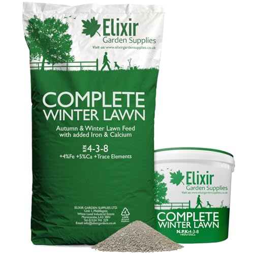 Elixir Gardens Complete Winter Lawn Premium Compund Fertiliser | Autumn &amp;amp; Winter Turf Feed Optimized for British Climate (n.p.k 4-3-8 + 4% Fe + 5% Ca) | 1kg Tub Treats Up to 29 Sq.m