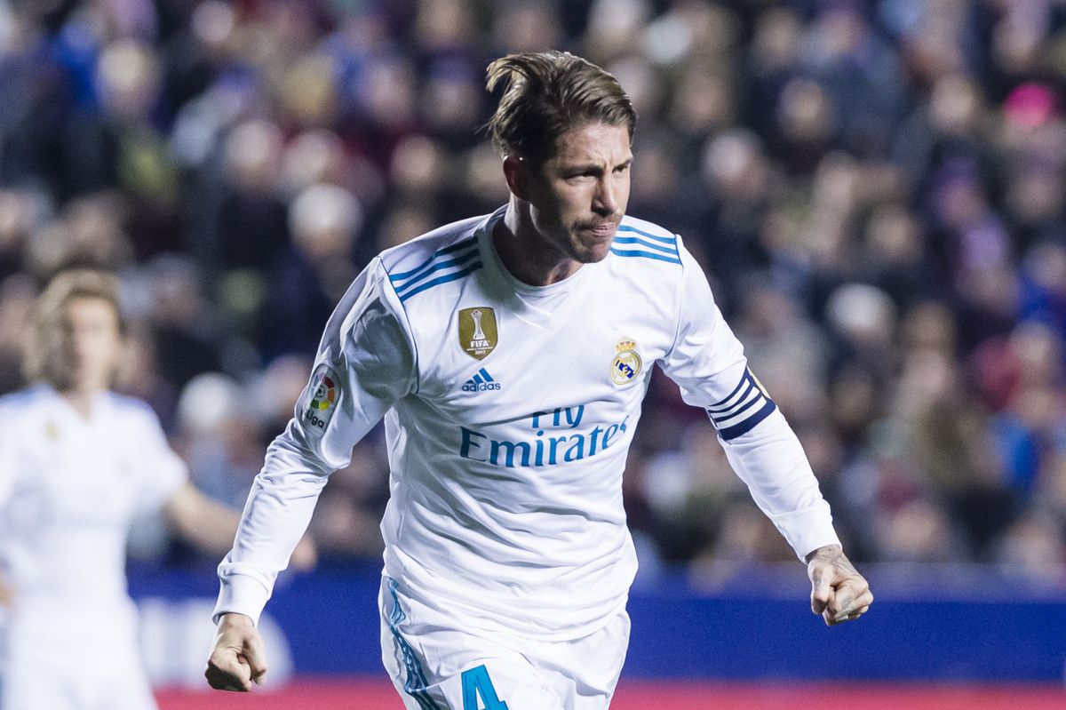 Sergio Ramos celebrates a goal for Real Madrid against Levante in 2018.
