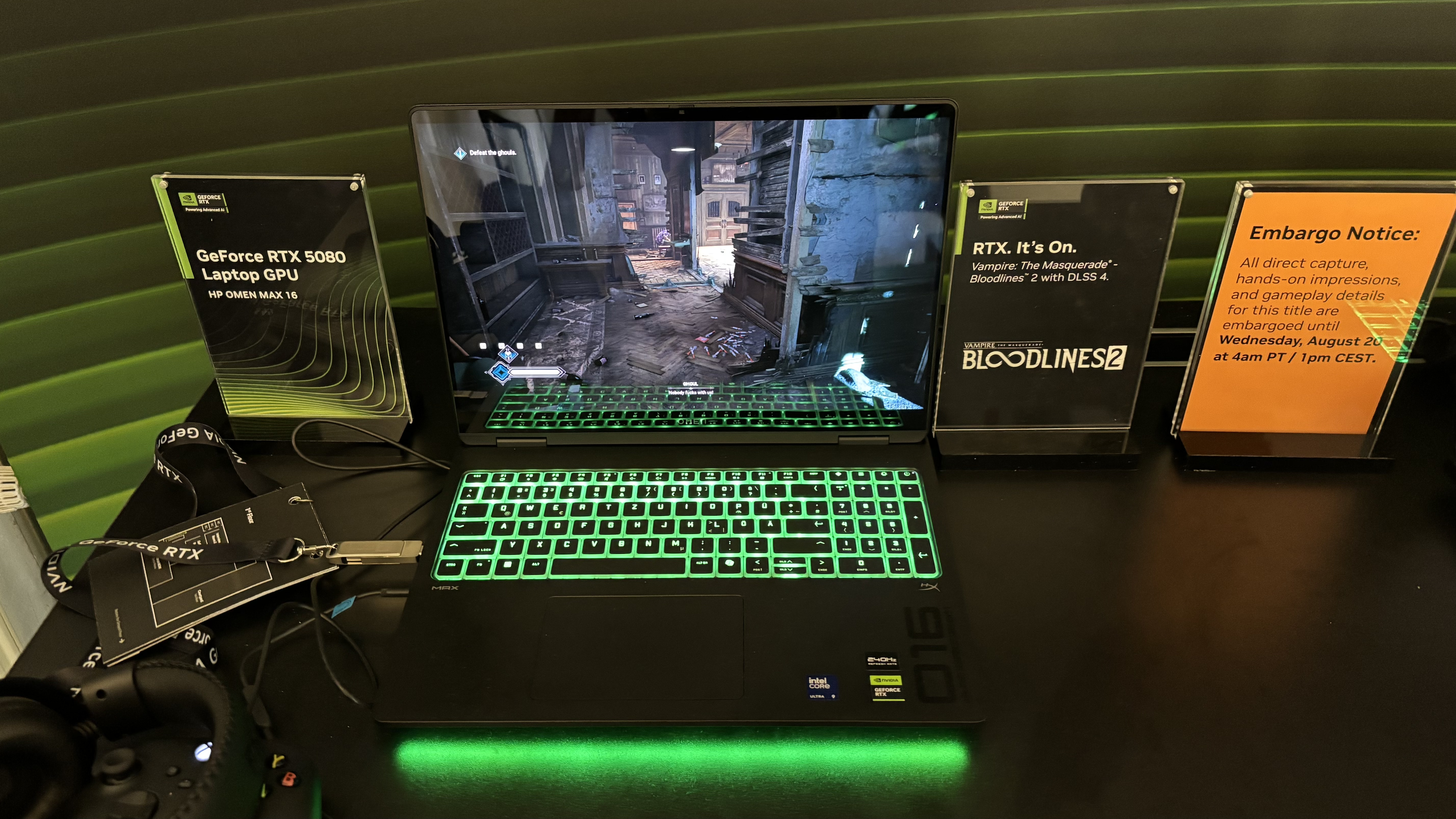 The HP Omen Max 16 gaming laptop on display at Gamescom 2025.
