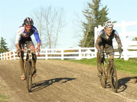 The sprint finish in the elite men's race was a close contest, with Timmerman (l) getting up for the win.