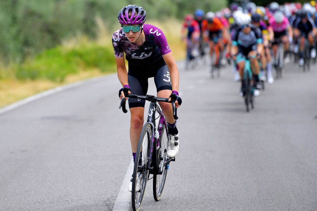 PUEGNAGO DEL GARDA ITALY JULY 08 Sabrina Stultiens of Netherlands and Team Liv Racing attack in breakaway during the 32nd Giro dItalia Internazionale Femminile 2021 Stage 7 a 1096km stage from Soprazocco di Gavardo to Puegnago Del Garda 219m GiroDonne UCIWWT on July 08 2021 in Puegnago del Garda Italy Photo by Luc ClaessenGetty Images