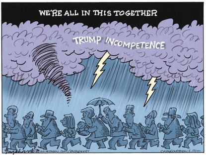 Political Cartoon U.S. Trump COVID-19 disasters crowd incompetence