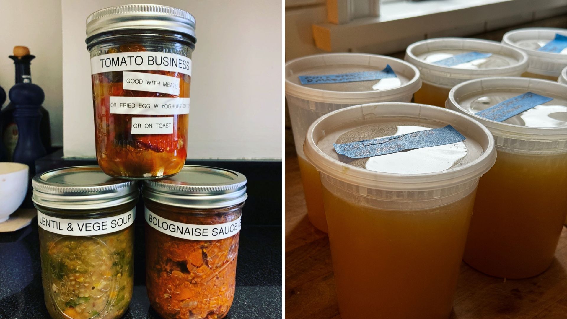 Jars of sauces and soups (left) and containers of chicken stock (right)