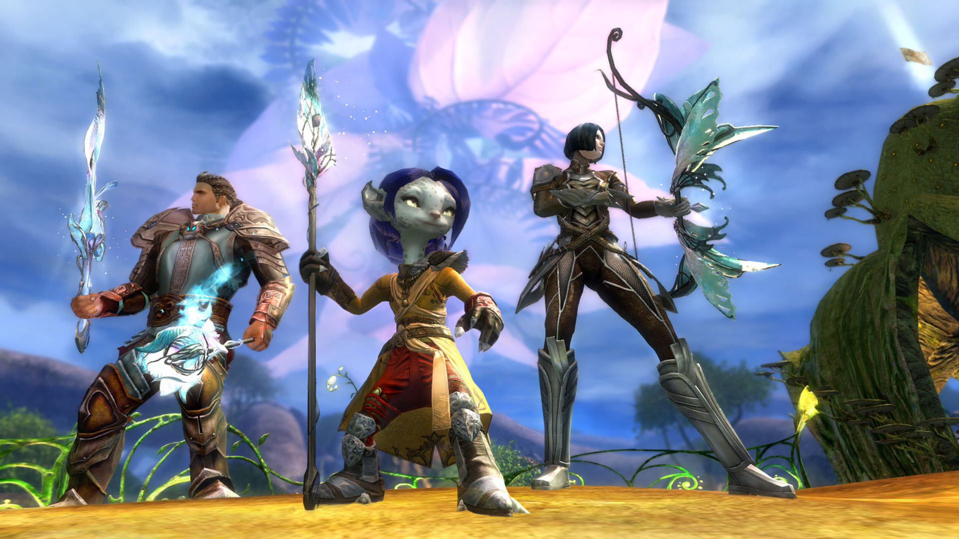 Three players of differnt fantasy races holding weapons during the MMORPG Guild Wars 2