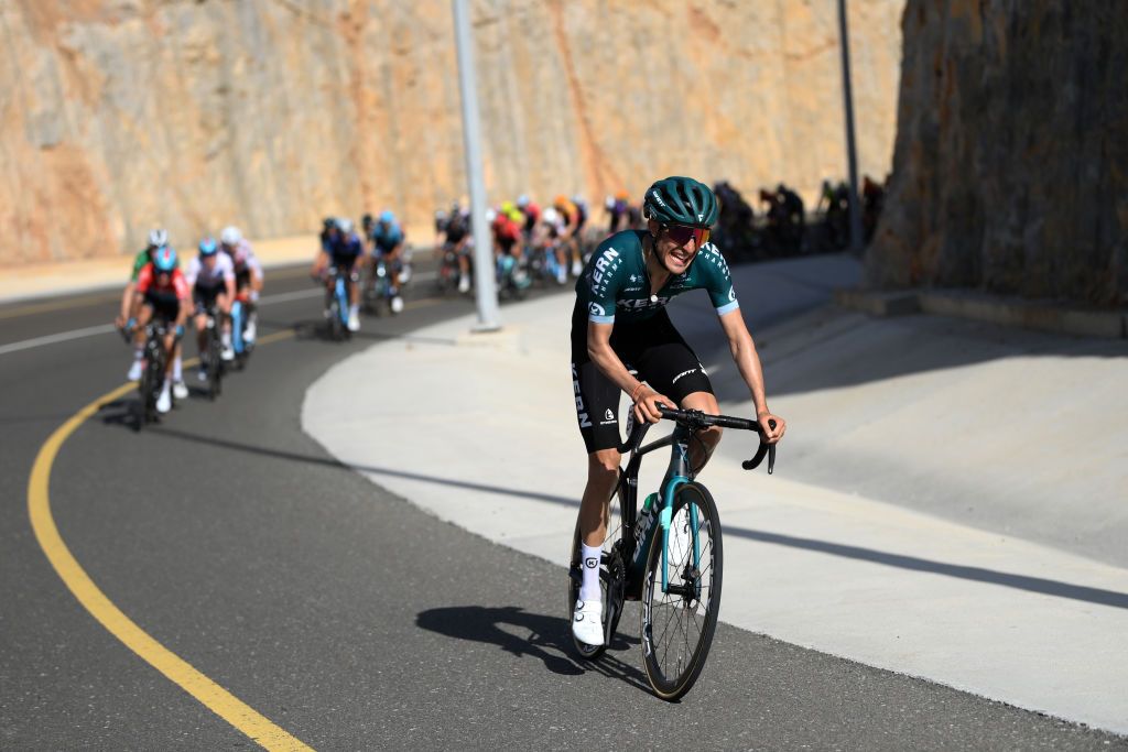 YITTI HILLS OMAN FEBRUARY 14 Urko Berrade Fernandez of Spain and Team Equipo Kern Pharma attacks during the 12th Tour of Oman 2023 Stage 4 a 2049km stage from Izki to Yitti Hills 147m TourofOman on February 14 2023 in Yitti Hills Oman Photo by Alex BroadwayGetty Images