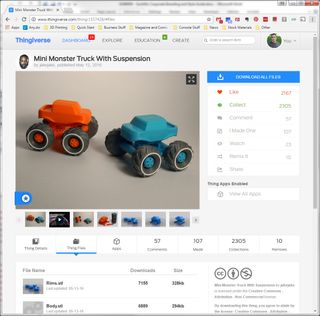 Thingiverse offers a huge assortment of user-created 3D models. Many models, like this 'Mini Monster Truck with Suspension,' are meant to be printed in pieces, so multiple files need to be downloaded.