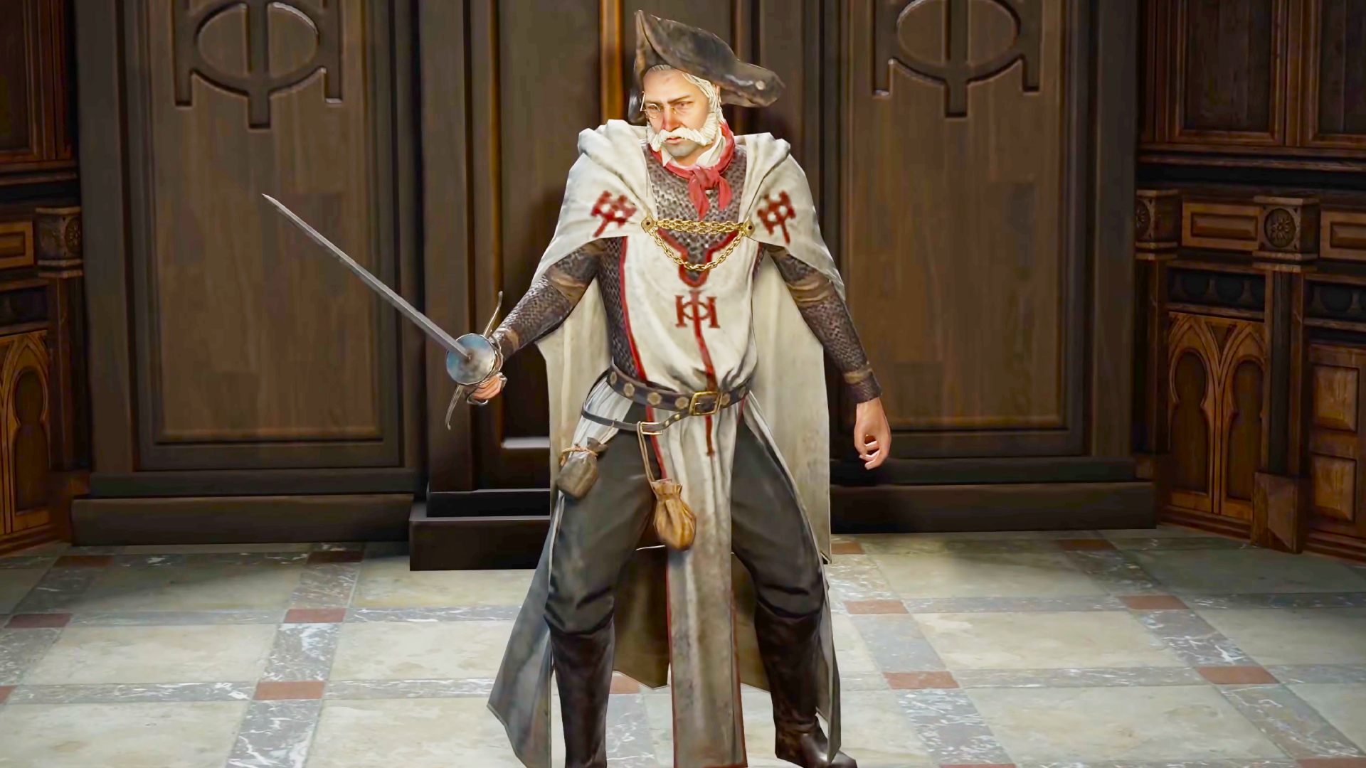 A screenshot of an NPC from Path of Exile 1. A bearded man wearing a white cape with red insignias. He's also holding a rapier.