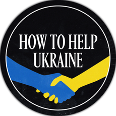 logo that says "how to help Ukraine" with a blue hand shaking a yellow hand