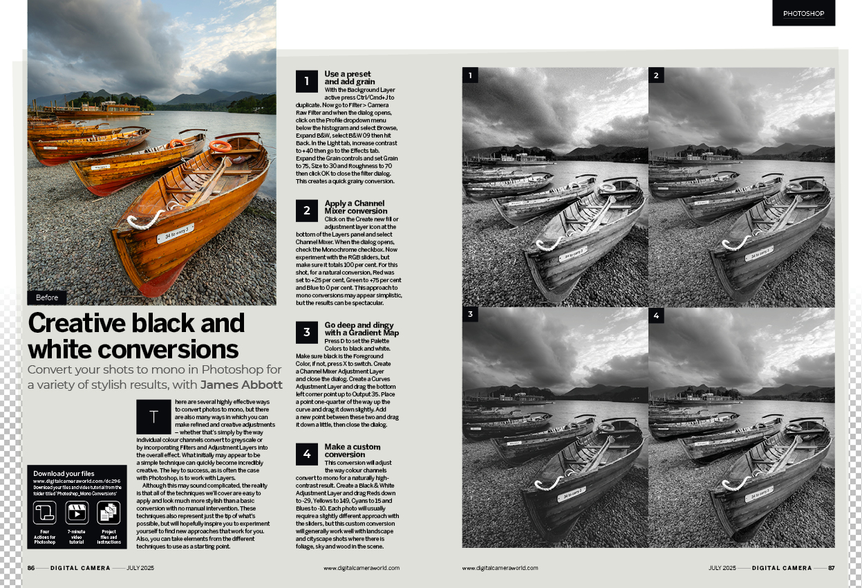 Image showing the Get the Look tutorial in issue 296 (July 2025) of Digital Camera magazine, about creating black and white conversions in Adobe Photoshop