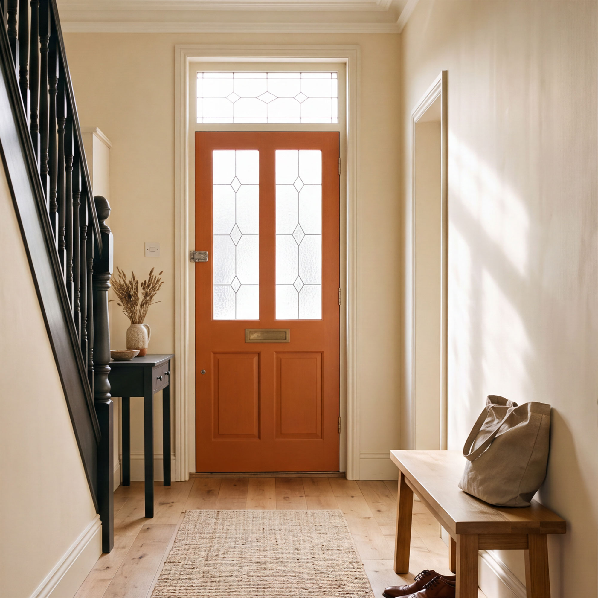 Neutral hallway with burnt orange door, wooden floors and jute runner
