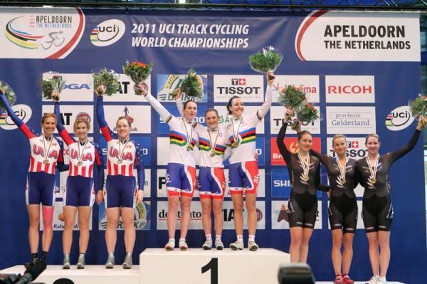 Team pursuit podium USA silver, GB gold and NZL bronze
