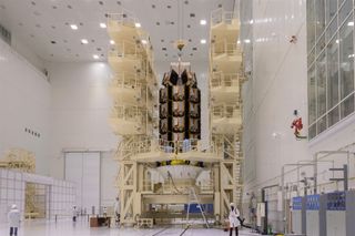 This Arianespace image shows how OneWeb's 36 internet satellites are stacked for launch on a Soyuz rocket ahead of a March 24, 2021 liftoff.
