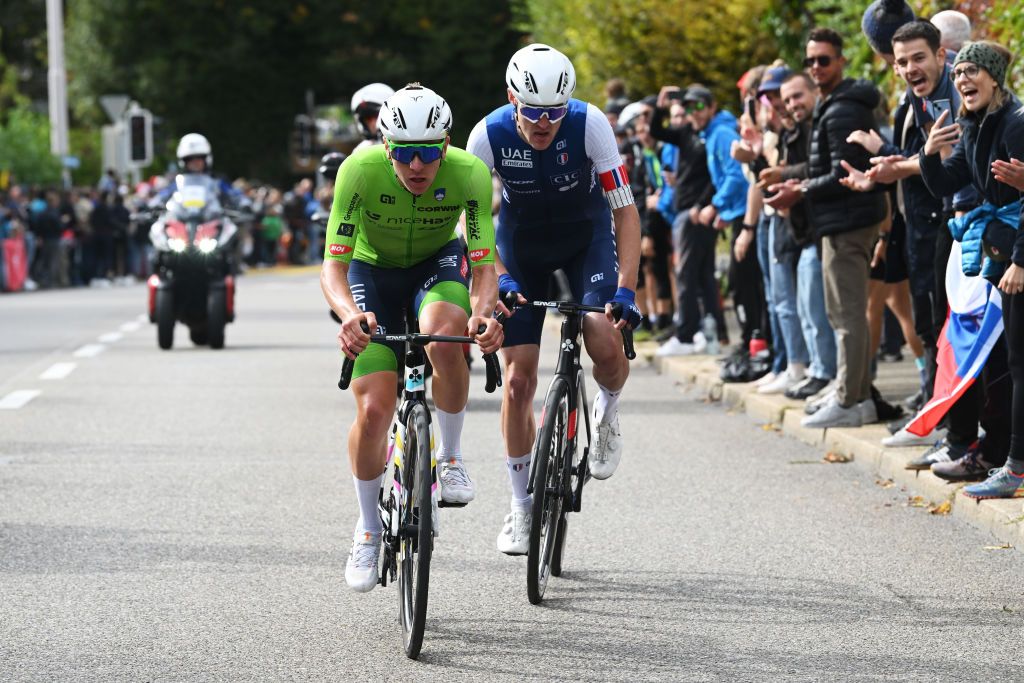 ZURICH SWITZERLAND SEPTEMBER 29 LR Tadej Pogacar of Team Slovenia and Pavel Sivakov of Team France compete in the breakaway during the 97th UCI Cycling World Championships Zurich 2024 Mens Elite Road Race a 2739km one day race from Winterthur to Zurich on September 29 2024 in Zurich Switzerland Photo by Dario BelingheriGetty Images